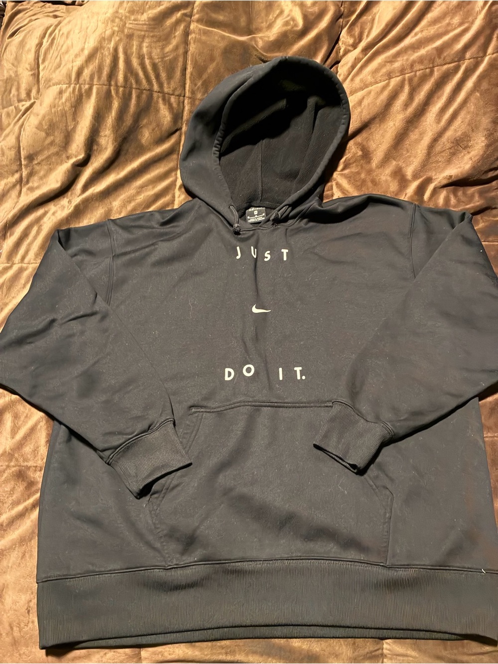 Nike Men’s Black Hoodie with White 'Just Do It.' Text, size medium